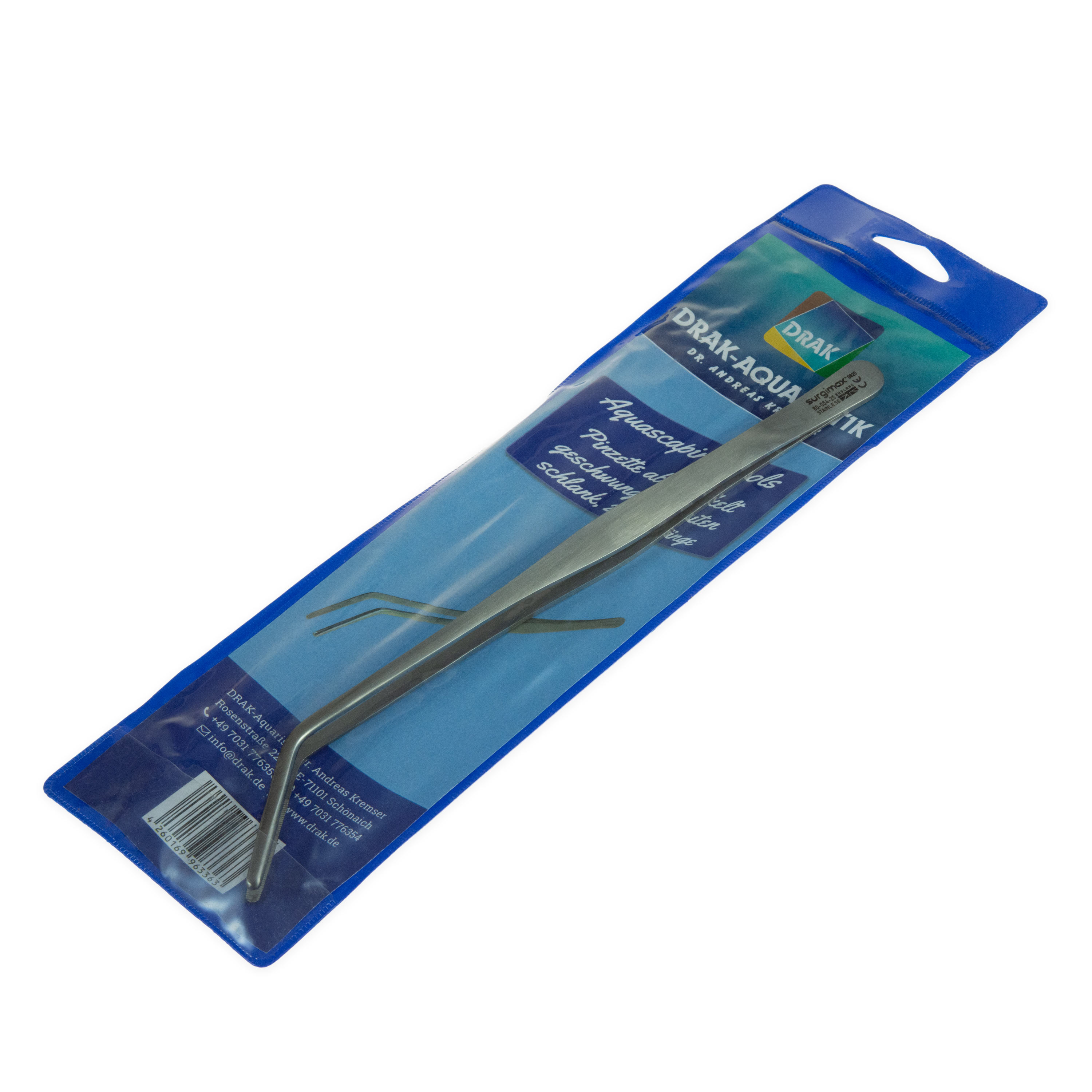 Tweezers 25 cm, slim with curved sides, angled, blue bag